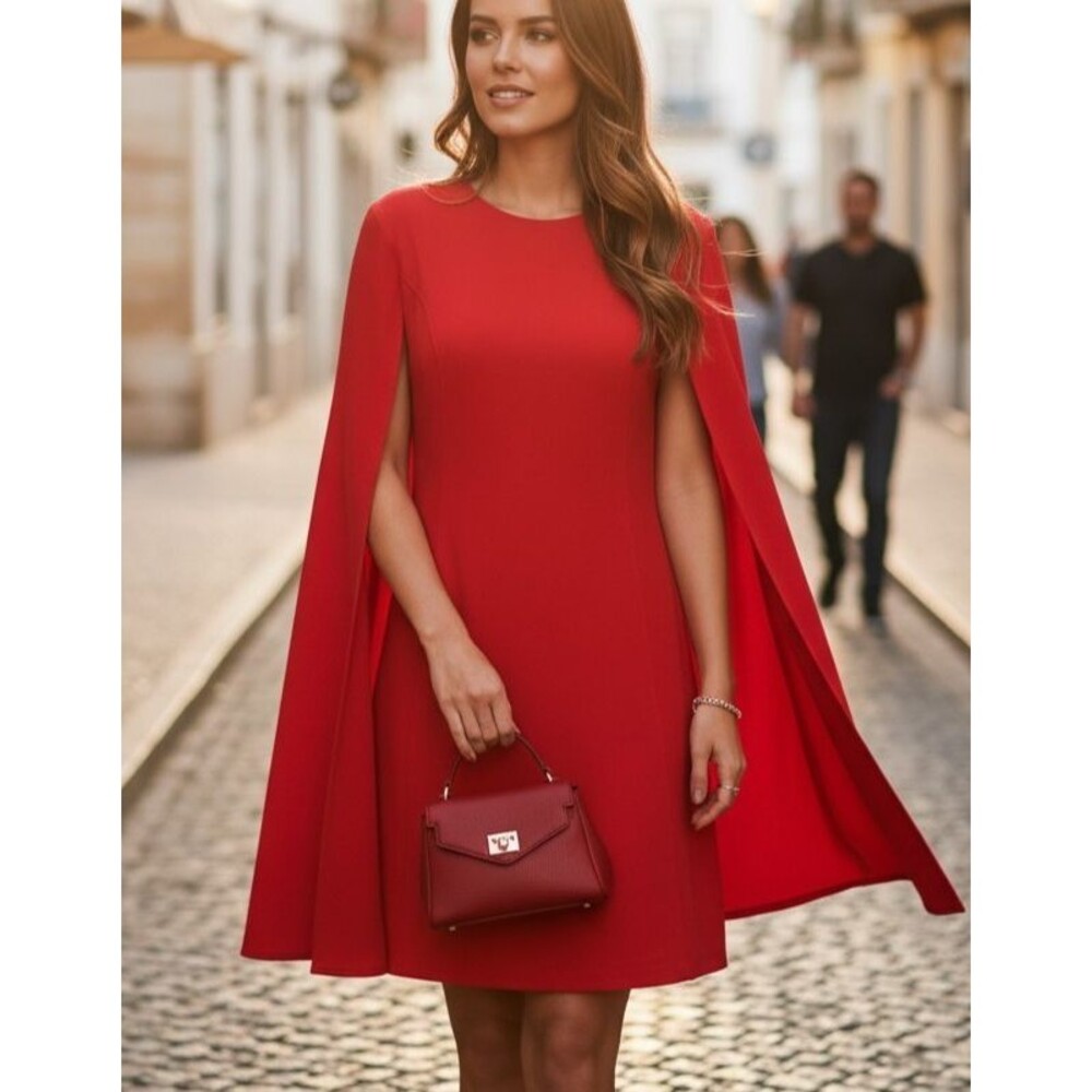 DESIGNER CALVIN KLEIN RED SLEEVELESS KNEE LENGTH CAPE DRESS SIZE 10.R - Picture 14 of 16